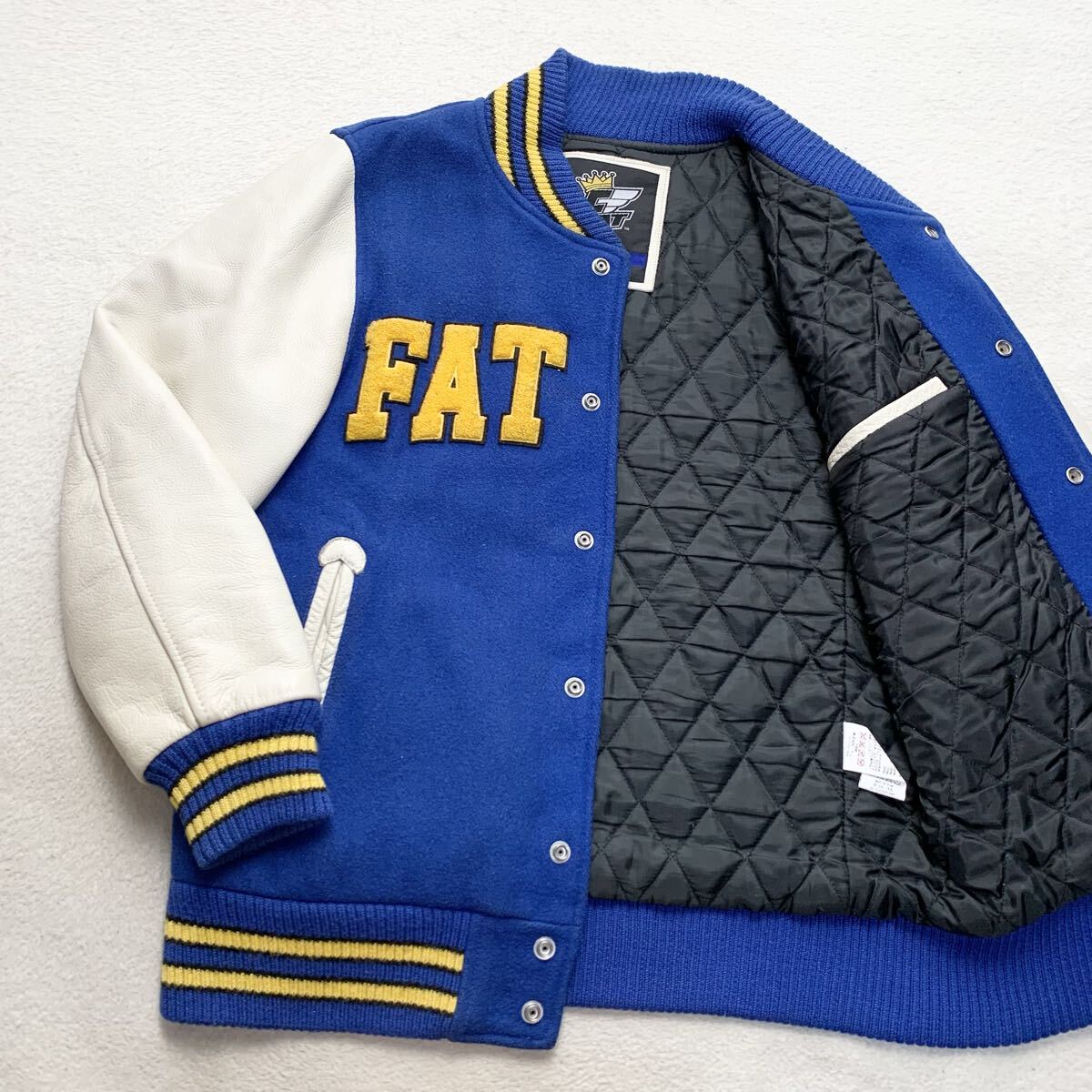 希少L FAT【幻カウハイド】エフエーティー スタジャン バーシティジャケット TYO FAM TMT 革ジャン ブルゾン レザー 牛革 本革 ブルー 1円