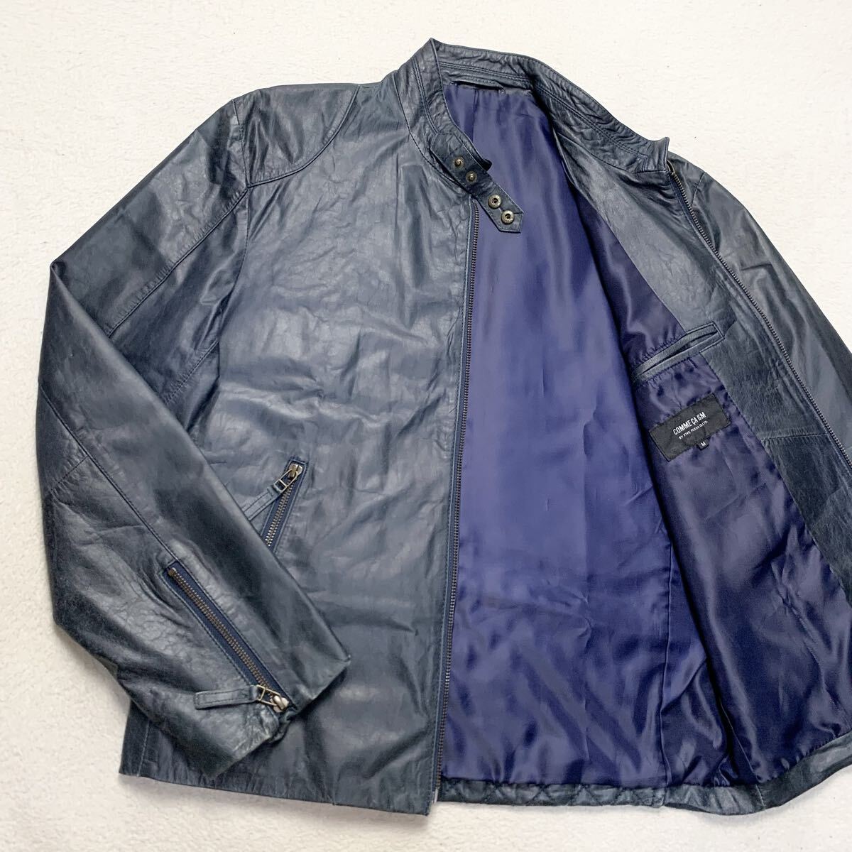 希少色 コムサイズム【極上のラムレザー】COMME CA ISM ライダースジャケット 革ジャン ブルゾン シープスキン 羊革 本革 M ネイビー 1円
