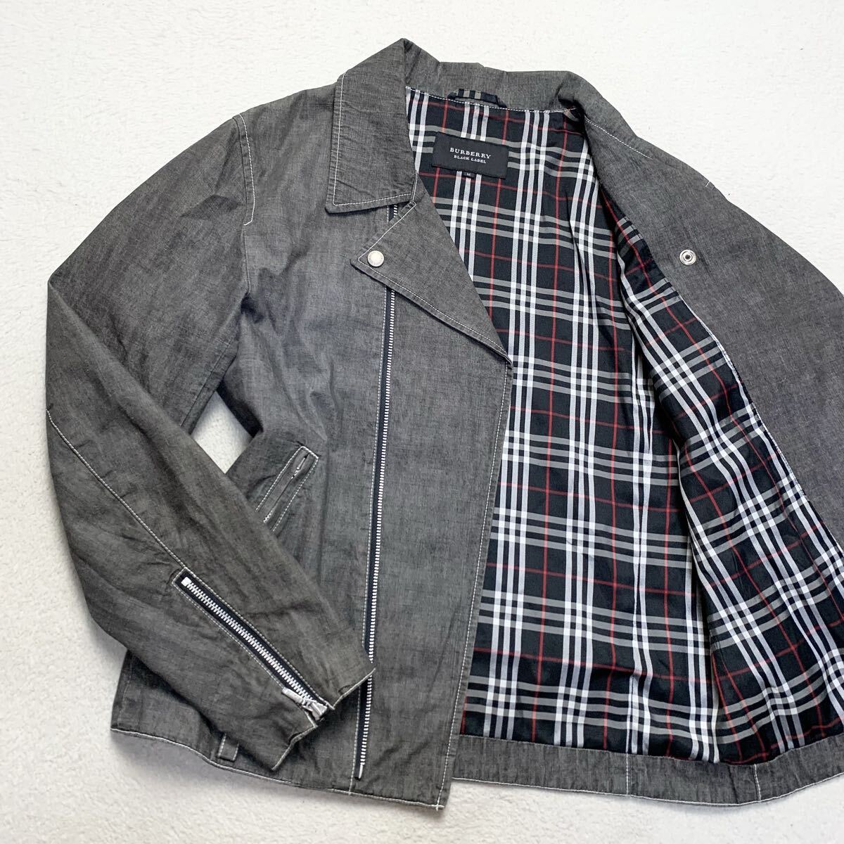バーバリーブラックレーベル【圧巻のノバチェック】BURBERRY BLACK LABEL ライダースジャケット デニム Gジャン ブルゾン M グレー 夏 1円