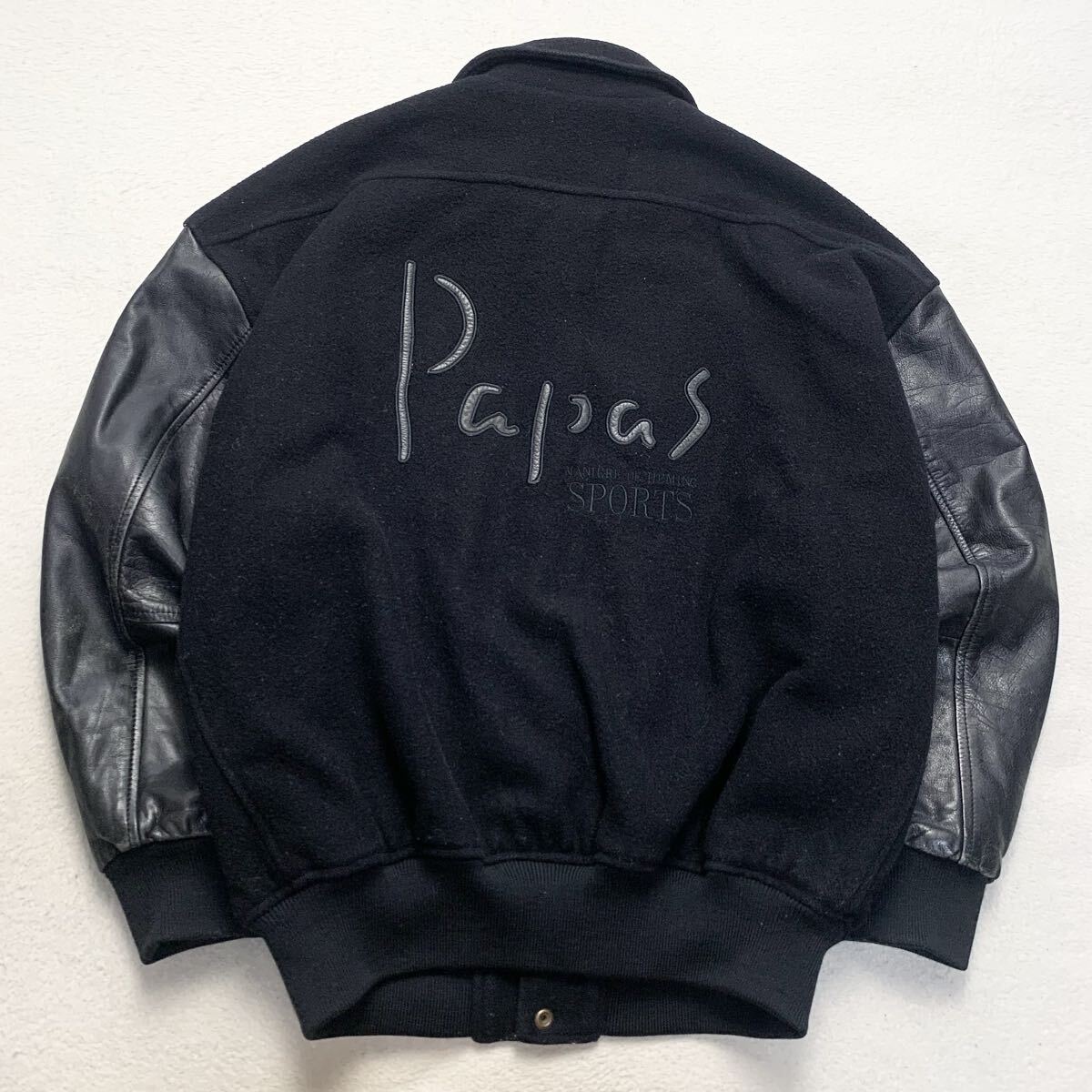 希少L パパス【極上のカウハイド】Papas スタジャン アワードジャケット 革ジャン ブルゾン レザー 牛革 本革 皮 ウール ビンテージ 黒 1円