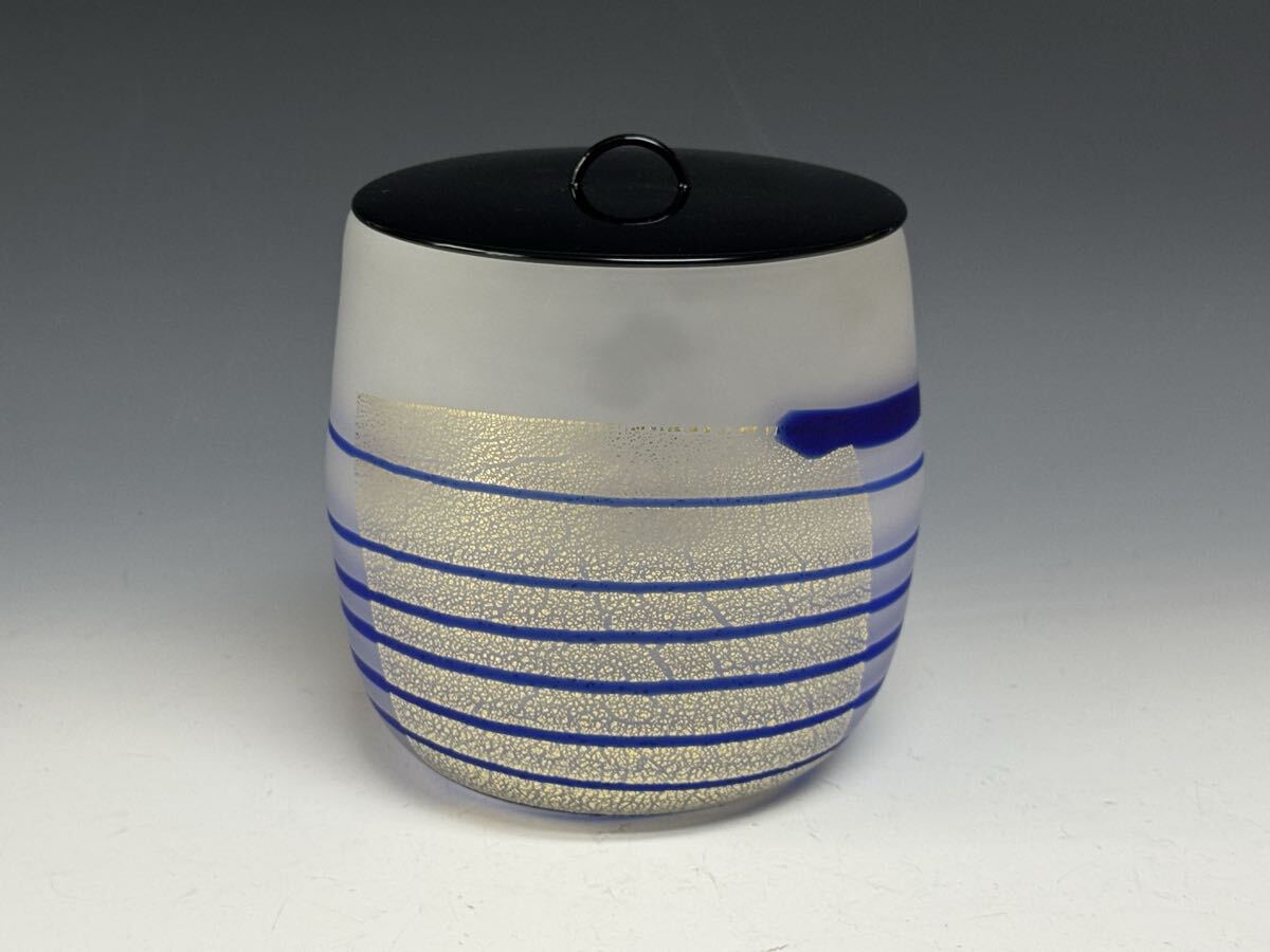 田淵香石作　硝子（ガラス）水指 金箔散らし 塗蓋付き 共箱　茶道具 ガラス工芸