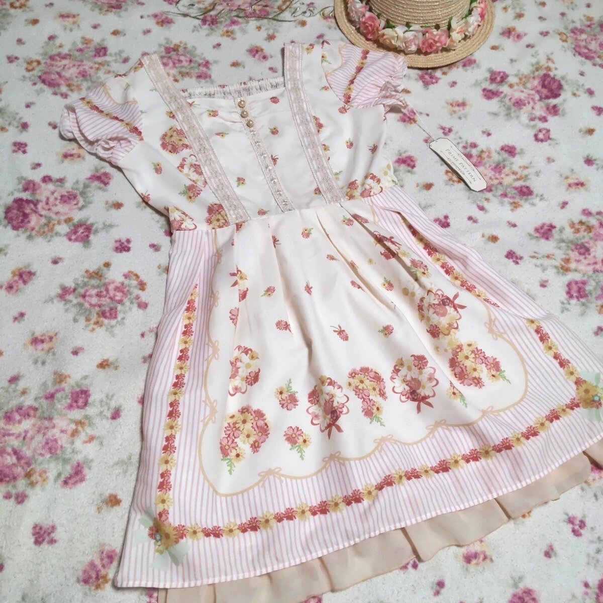 ロディスポット ワンピース パネル花柄 白×ピンク ストライプ エプロン リズリサお好きな方 未使用 タグ付き 平成レトロ