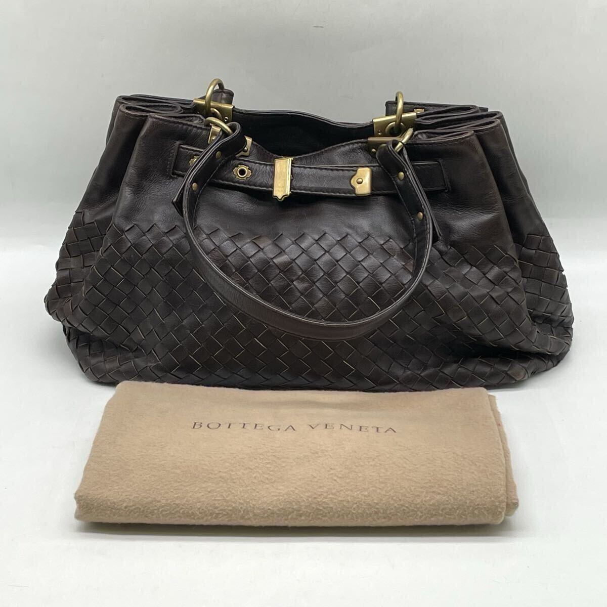 【7T37】1円スタート BOTTEGA VENETA ボッテガヴェネタ イントレチャート レザー ハンドバッグ トートバッグ ダークブラウン ゴールド金具