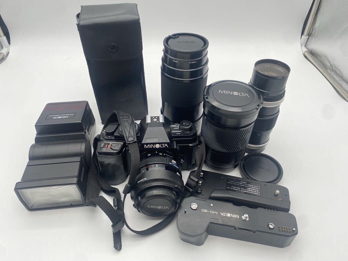 【まとめ出品】MINOLTA a-9000フィルムカメラ　レンズAF70-210 AF28-135 Rokkor-PF 58mm F1.4ストロボ4000AF ミノルタ