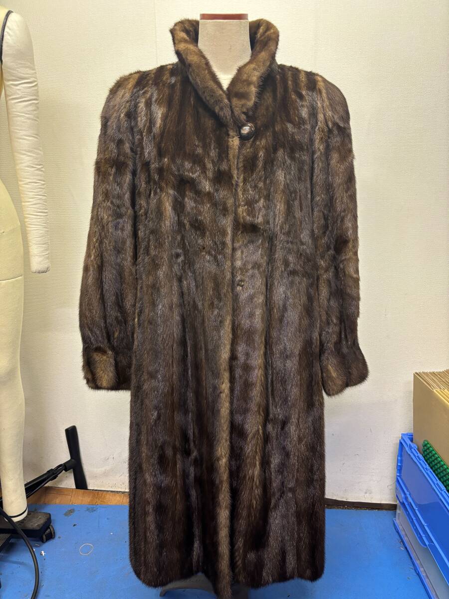 ブランド不明■リアルファー 毛皮コート ロング丈 着丈109㎝ ブラウン系■中古品