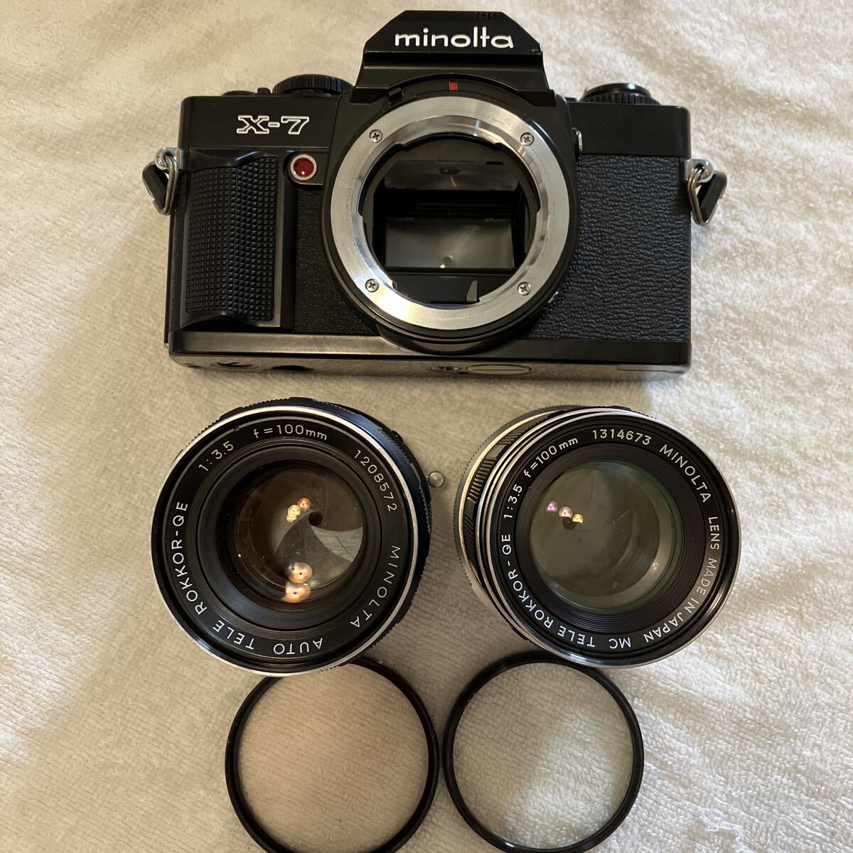 1円〜【動作未確認】MINOLTA X-7 ボディ ＋ MC TELE ROKKOR-QE 100mm F3.5 AUTO 2本セット まとめ セット