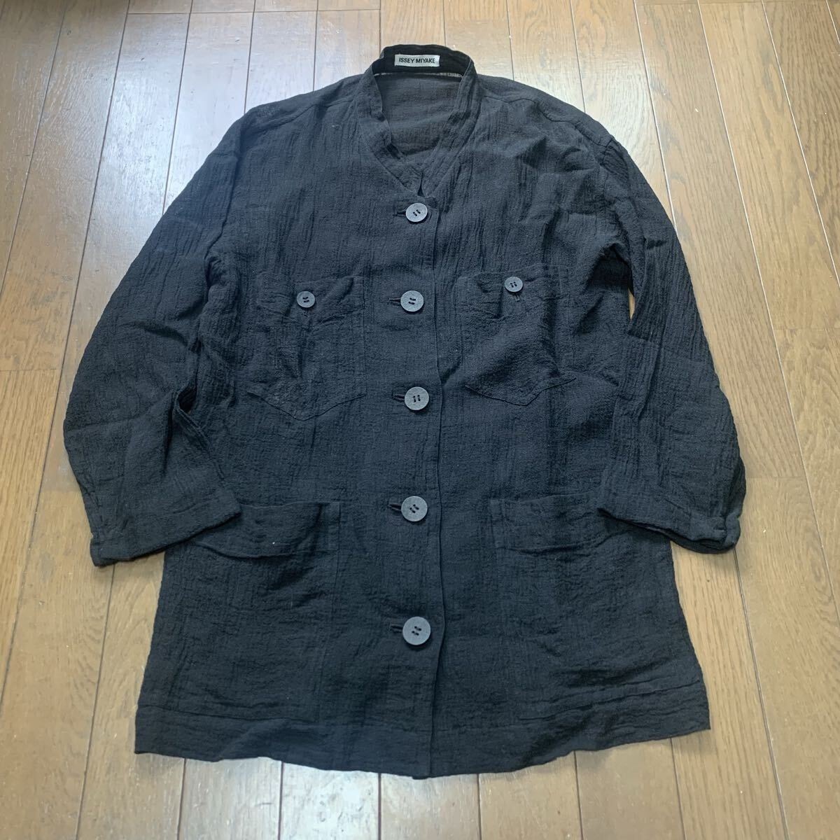 ISSEY MIYAKE イッセイミヤケ リネン混 ジャケット ブラック トップス ブラウス スタンドカラー 無地 古着 90s 