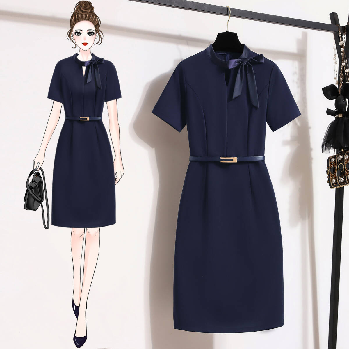 事務服 ワンピース レディース 制服 仕事服 大きいサイズ 通勤 オフィス 受付 接客 冠婚葬祭 セレモニー ネイビーXL