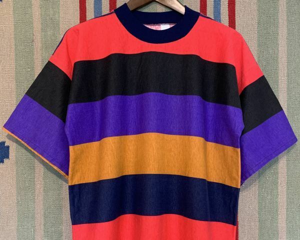 デッドストック USA製 80s 90s ビンテージ マルチ 太 ボーダー 半袖 Tシャツ XL XXL ビッグサイズ // スケート スケート ボード RAPT BMX