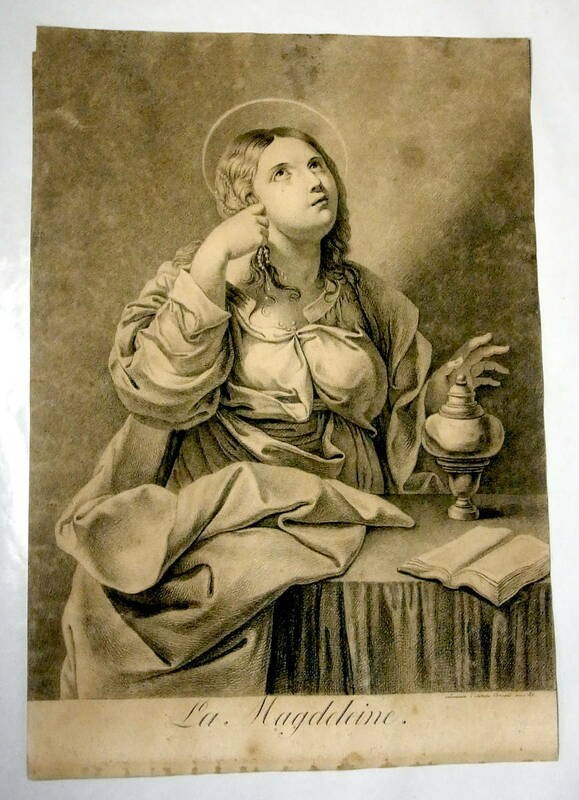 貴重 19世紀初期 マグダラのマリア 肖像画 1811年 イタリア 肉筆デッサン画 LA MAGDALENA 香油壷と真珠 西洋美術 聖画 アンティーク