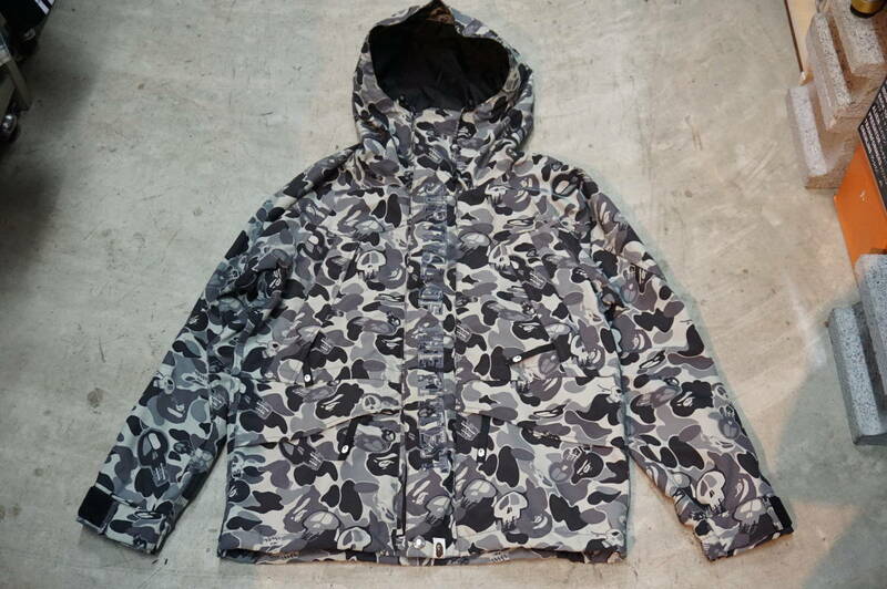 A BATHING APE x STUSSY★10AW ア ベイシング エイプ ステューシー コラボ スノボ ジャケット S グレー カモ 1st camo 猿 スカル 美品 初期