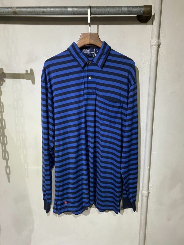 【即決】polo Ralph Lauren ラルフローレン ボーダーシャツ 長袖ポロシャツ ロンポロ　ロンT カットソー ブルー M 裾ポニー 古着