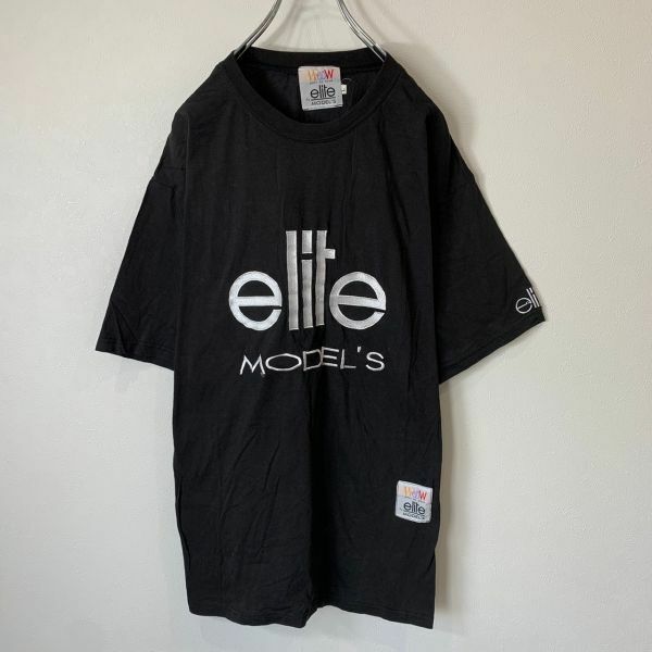 [KWT646] 90's elite MODELS 激レア 刺繍半袖Tシャツ ブラック メンズ L ポス