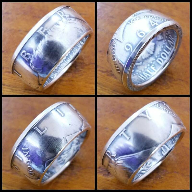 コインリング　アメリカ　50セント銀貨　ケネディーハーフダラー　ケネディー面　シルバーリング　古銭指輪　SV900　AHD