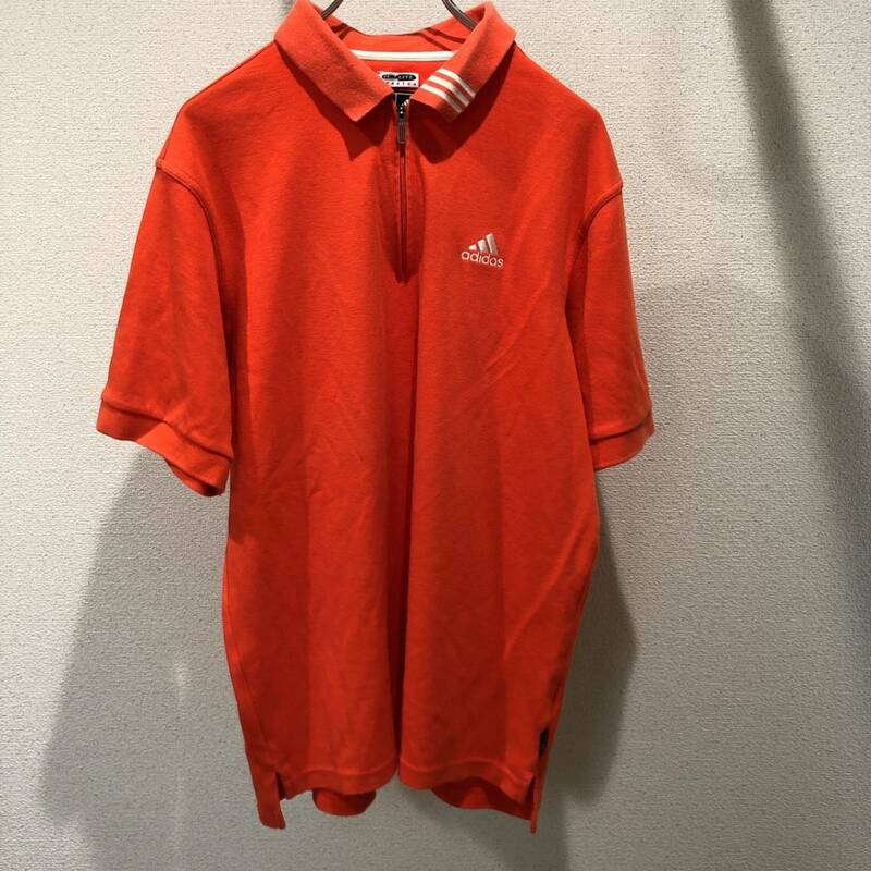 アディダスゴルフ ハーフジップ 半袖ポロシャツ Lサイズ オレンジ ワンポイント adidas CLIMA LITE　（ふ131）