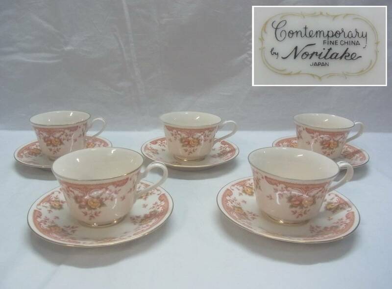 ヴィンテージ☆ノリタケ コンテンポラリー☆Noritake FINE CHINA カップ＆ソーサー 5客☆バラ ローズ ボタニカル 金彩 カップ レトロ☆6