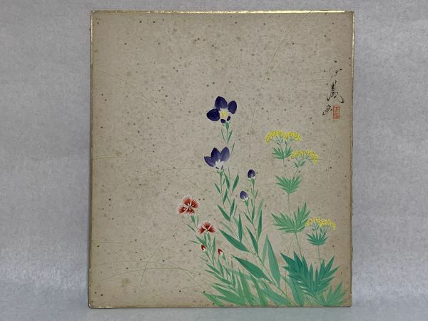 【色紙画/色紙書】 肉筆　正鳳：作　『春の花』　詩/短歌/俳句/情景画　パケット発送　L0722A　