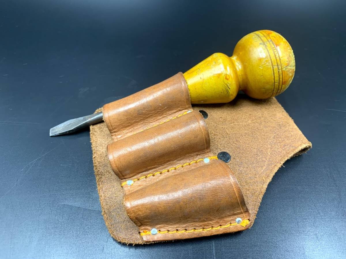【 アンティーク レトロ ドライバー ケース 】マイナスドライバー付 革製 古道具 ビンテージ DIY 大工道具