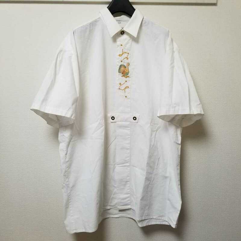 ヨーロッパ古着 ALPENLAND チロリアン シャツ 半袖 白 ホワイト 刺繍 オーバーサイズ ヴィンテージ サイズ43 XL位 03G3102mel