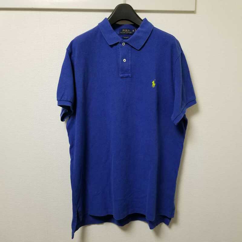 ポロ ラルフローレン Polo Ralph Lauren CUSTOM FIT カスタムフィット ポロシャツ ワンポイントライムグリーン刺繍 XL 青 ブルー03H1313mel