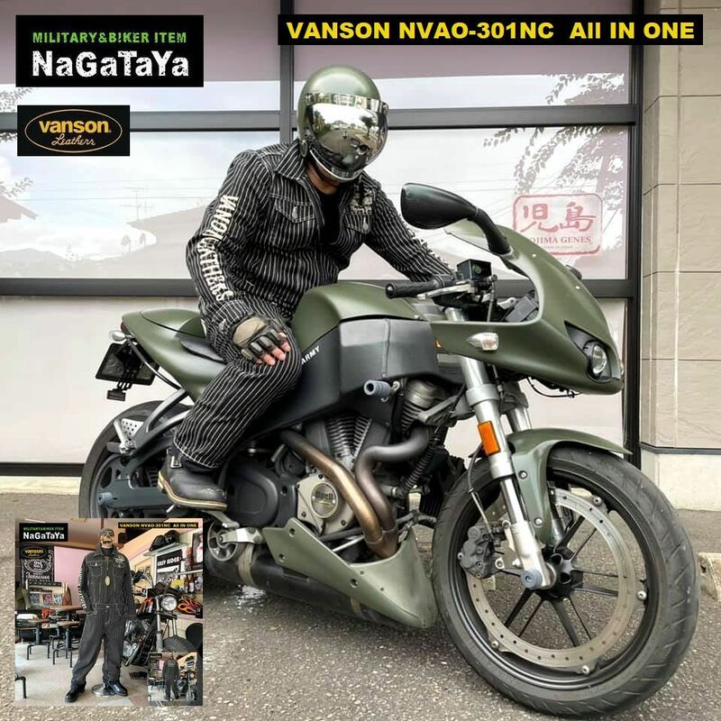 VANSON バンソン NVAO-301NC オールインワン フライング ロゴ刺繍 つなぎ カバーオール ウォバッシュ(ストライプ) XLサイズ