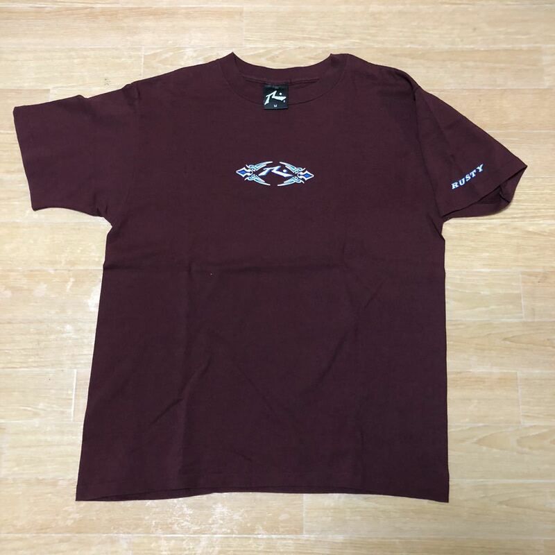 美品 90s USA製 old RUSTY ロゴ Tシャツ M エンジ