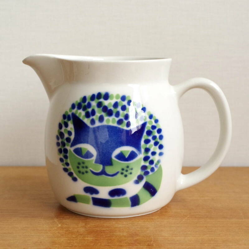 【ビンテージ】ARABIA Cat ブルー & グリーン 猫 JUG ジャグ ピッチャー アラビア ねこ カケあり