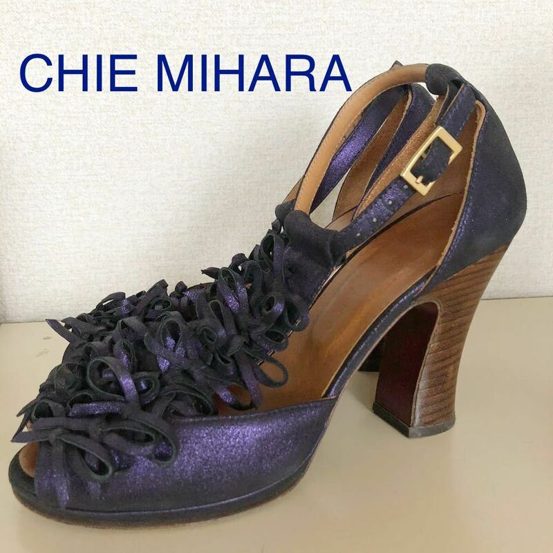 送料無料 チエミハラ CHIE MIHARA アンクルストラップサンダル 37 オープントゥパンプス リボンレーン シューズ 靴 レディース 紺 ネイビー