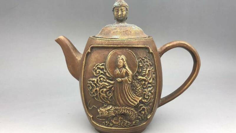 【吉】仏教聖品 古銅細工彫 ワイン容器ポット 供養 極珍22