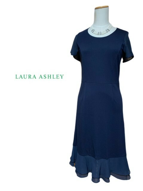 LAURA ASHLEY【ローラアシュレイ】ネイビーシフォン袖&フリル裾 ワンピース ７号