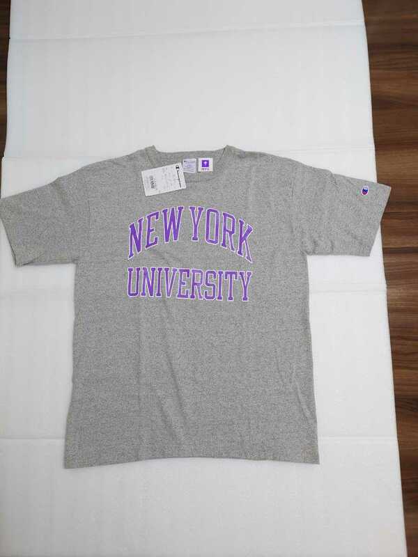 新品！　大人気　USA製　CHAMPION　チャンピオン　T1011　グレー　半袖　L　2連プリント　NYU　カレッジロゴ　Tシャツ　ニューヨーク