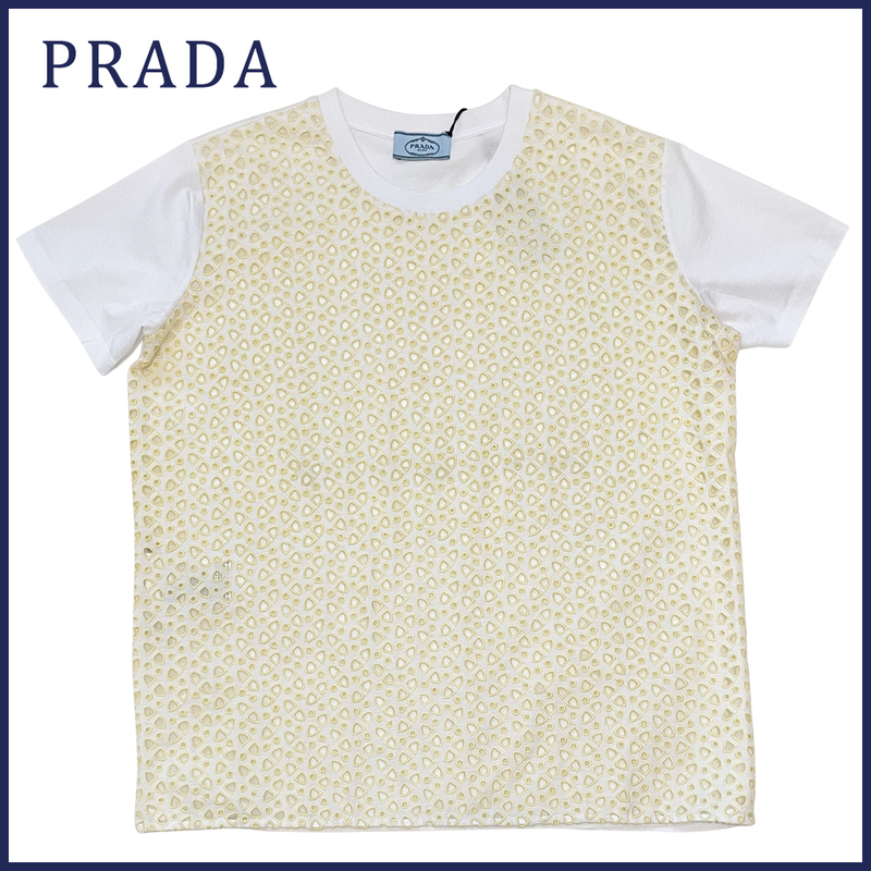 新品プラダPRADAクルーネック　レースTシャツ　白×イエロー#XXL★