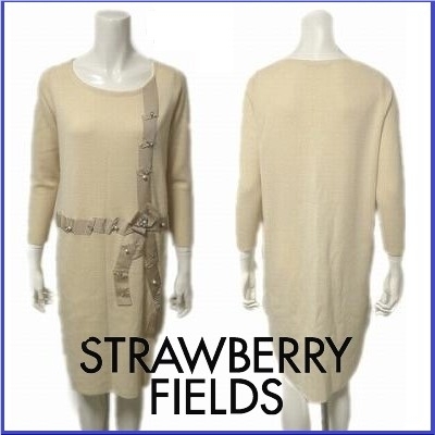 ストロベリーフィールズ STRAWBERRY-FIELDS リボンモチーフ ビジュー ニット ワンピース クルーネック ドレス ライトベージュ系 レディース