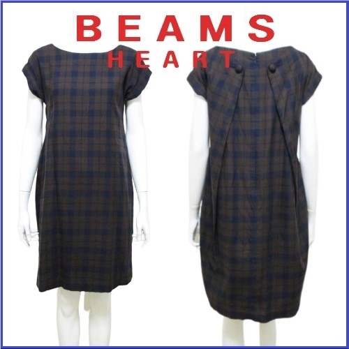 ビームスハート BEAMS HEART チェック ロールアップ ワンピース ドレス シンプル可愛い ネイビー ブラウン レディース