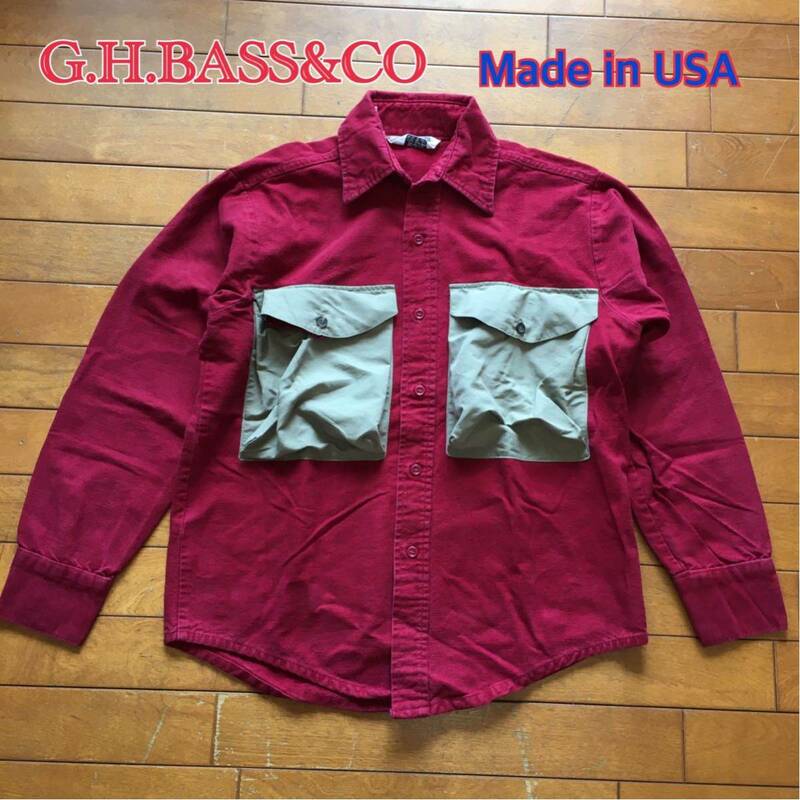 ★【 G.H.BASS&CO 】★ USA製 ビッグポケット後付け シャモア ハンティングシャツ★サイズM程度 ★i-160