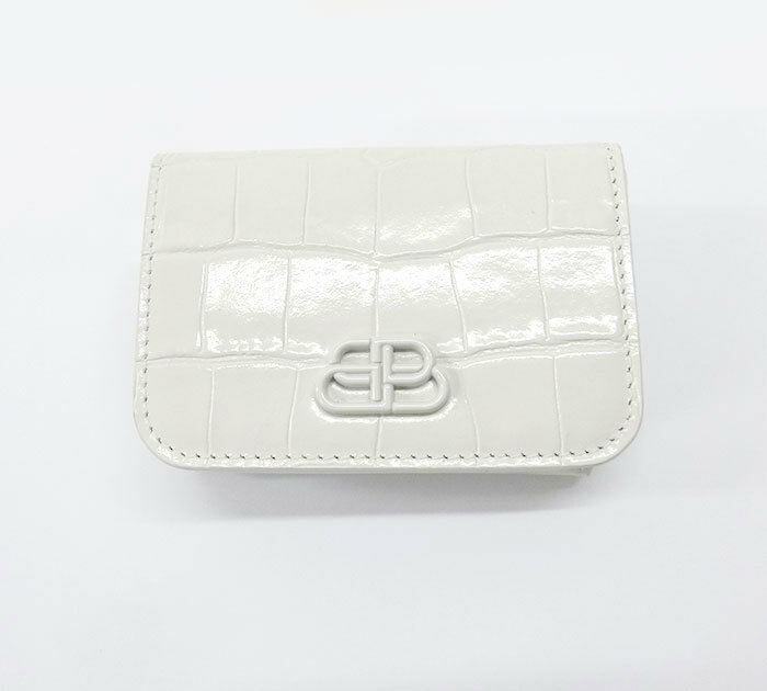 バレンシアガ BB ミニウォレット 3つ折り 財布 FF3331 BALENCIAGA コンパクトウォレット ホワイト クロコ型押し レザー レディース BOX付き
