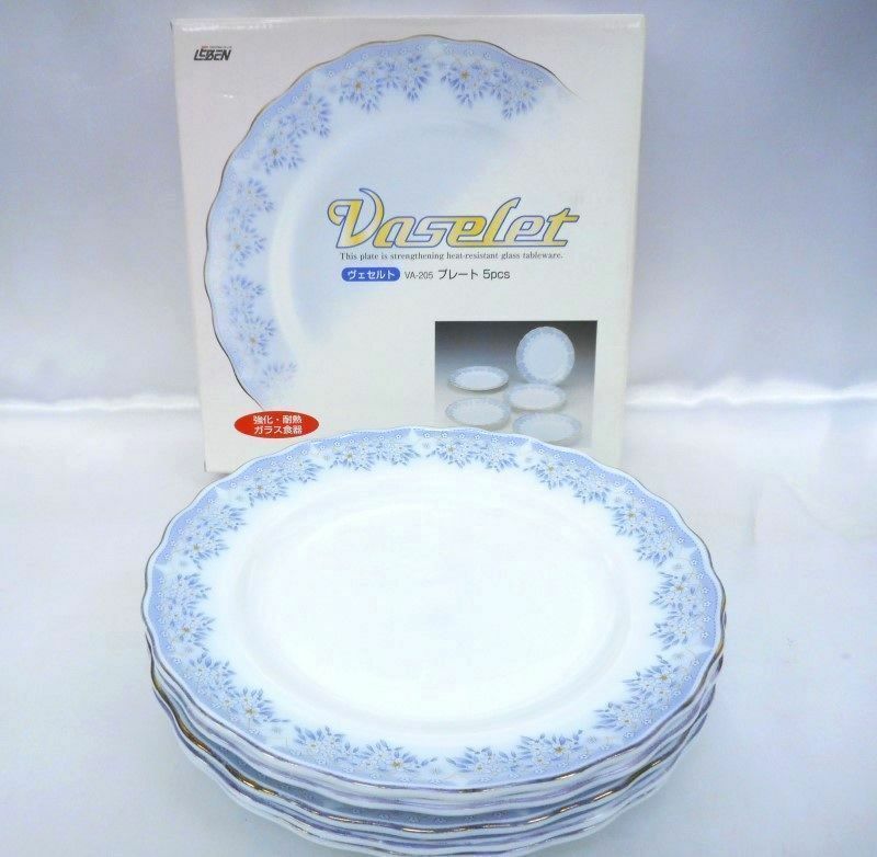 ヴェセルト 強化・耐熱ガラス食器 プレート皿 花柄 ブルー 21cm 5枚セット 電子レンジOK