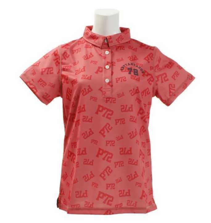 タグ付 PAR72 ゴルフ レディースS パーセッタンタドゥエブランドロゴ総柄 半袖ポロシャツ ピンク UVカット 消臭 冷感 吸汗速乾 未使用新品 