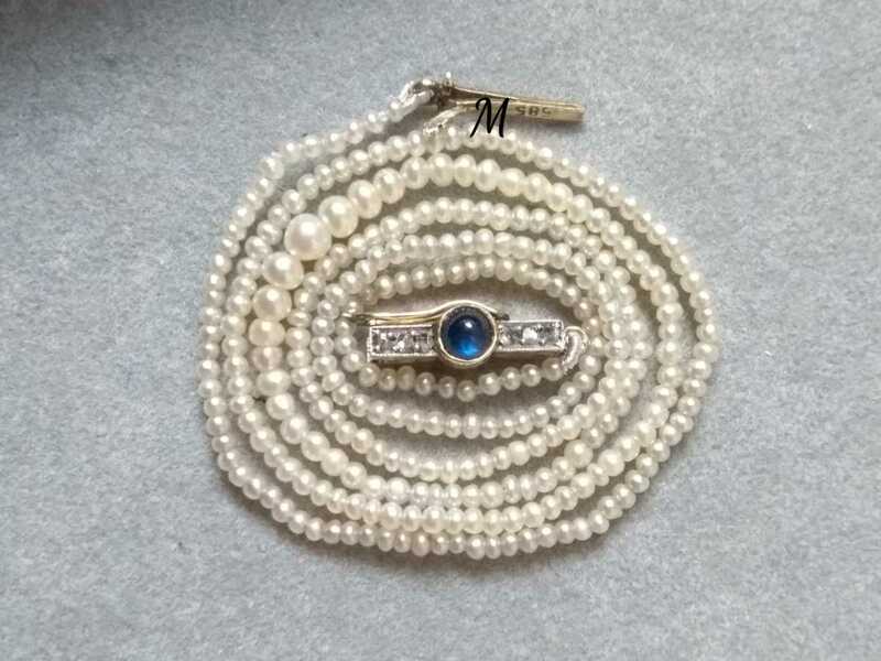 〜1900年頃 ドイツ アンティーク 天然真珠 グラデーション パール ネックレス K14 ゴールド 非加熱 サファイア ローズカット ダイヤモンド