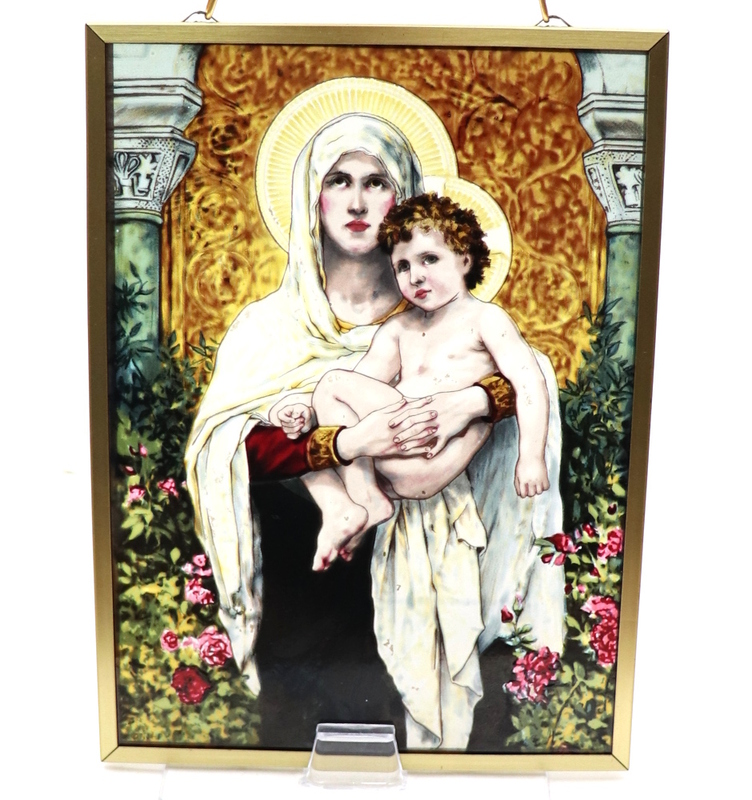 聖母子像 ヴィンテージ ステンドグラス グラスマスターズ社 マリア イエス キリスト ゴールドフレーム 金 アメリカ 美術館 ティファニー