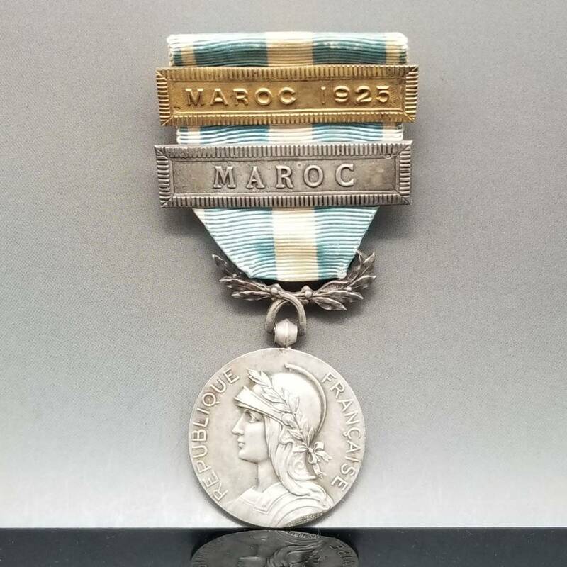 1925年 フランス ヴィンテージ シルバー モロッコ植民地軍 メダル コイン スペイン・モロッコ戦争 オリジナルリボン