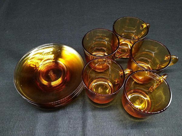 ADELEX 強化ガラス ティーカップ 5客セット アンバーガラス カップ&ソーサー まとめ 昭和レトロ(21_818_2)