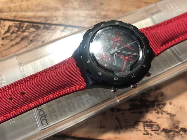 ケース フィルム付き 美品 レア swatch スウォッチ BIG RED SBB104 クロノグラフ ブラック×レッド 純正革ベルト AG1996 クオーツ 腕時計