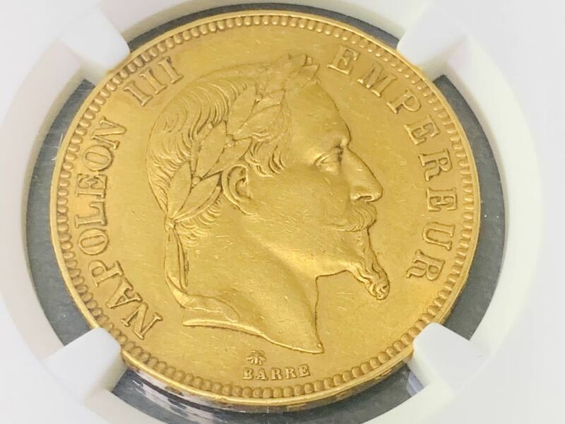 1869A　フランス　ナポレオン金貨　100フラン　AU53　有冠