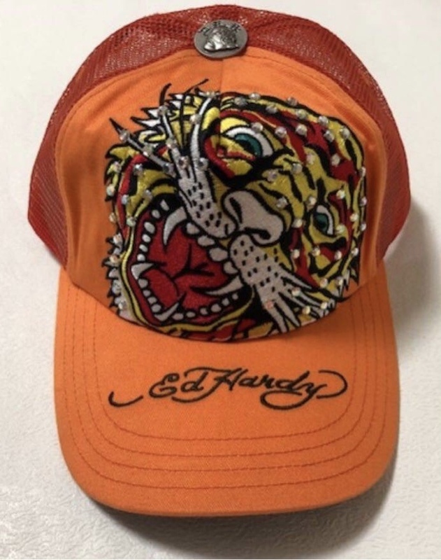 【新品未使用、正規品、本物】 Ed Hardy エド・ハーディー タイガー 刺繍 キャップ ラインストーン オレンジ色