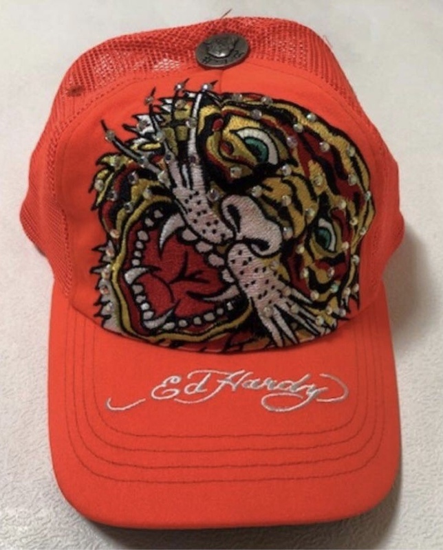 【新品未使用、正規品、本物】 Ed Hardy エド・ハーディー タイガー 刺繍 キャップ 帽子 ラインストーン トラ オレンジ色