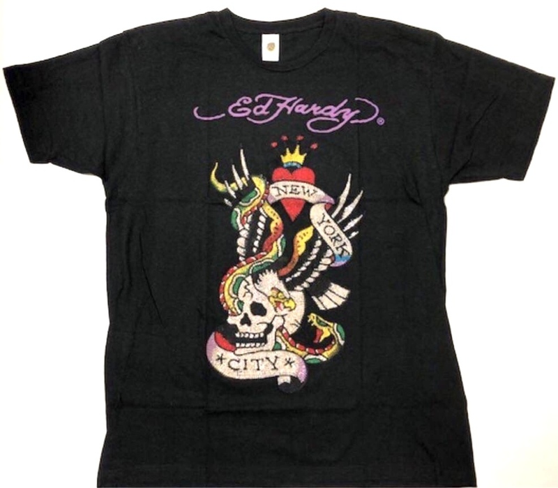 【未使用品、豪華版、正規品、本物】 Ed Hardy エド ハーディー ラインストーン Tシャツ ワシ スカル サイズL ブラック ブラック