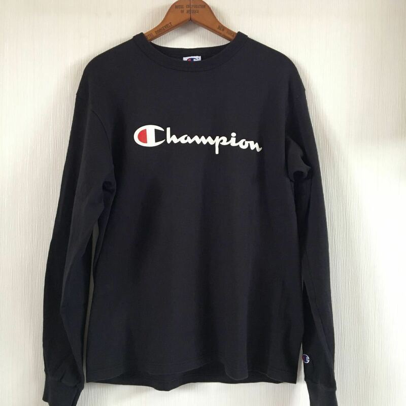 90's USA製 Champion チャンピオン スクリプトロゴ ロングスリーブTシャツ ロンT ブラック M