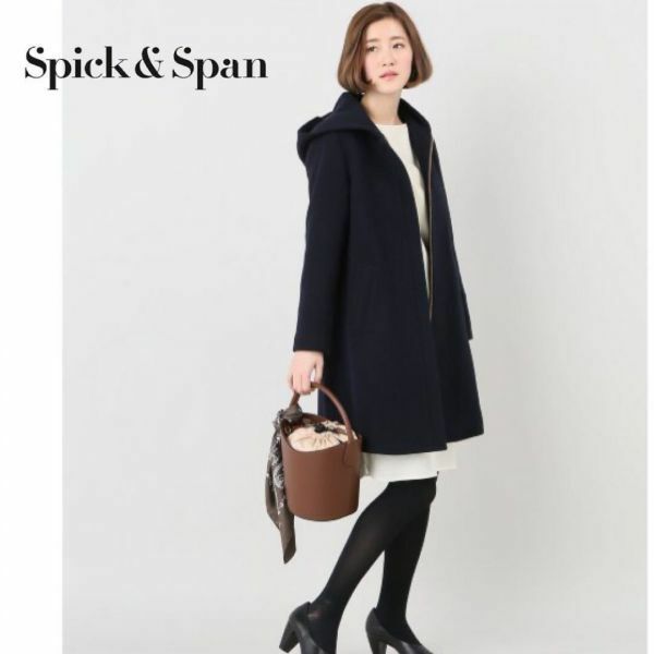 【Spick&Span】スピックアンドアンドスパン 二重織 メルトンフーデット コート ウール 36/Sサイズ相当 ネイビー レディース イエナ