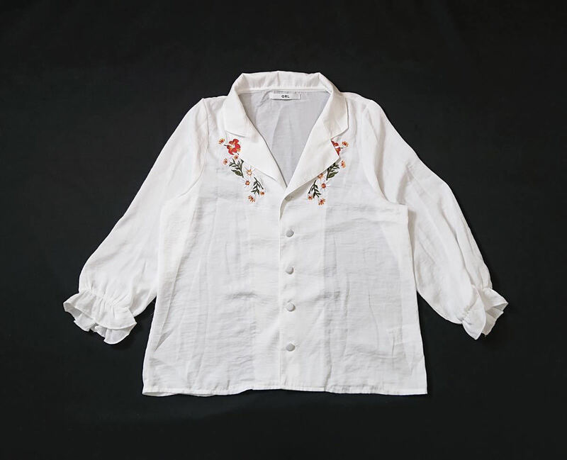 (未使用 レディース) GRL // 7分袖 刺繍 ポリエステル シャツ・ブラウス (白) サイズ L